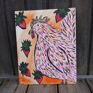 Chicken And Strawberries Painting Farmhouse Folk Art